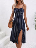New Summer Sexy Spaghetti Straps Dress Women Fashion Polka Dot Print Sleeveless Slit Dress Boho Casual Beach Midi Dresses