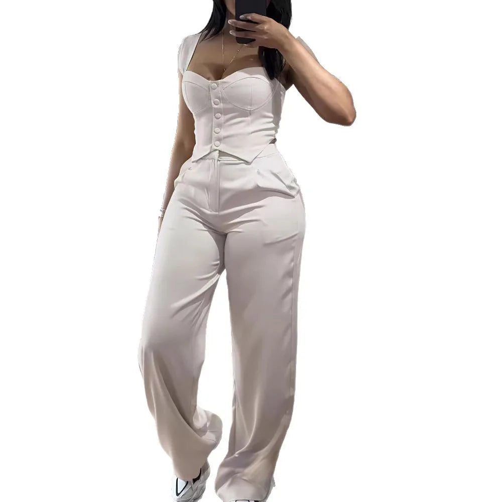 2026 American European New Fashion Women's Elegant Solid Color Trendy 2 Piece Sets Strapeless Suspender Vest Trousers Female