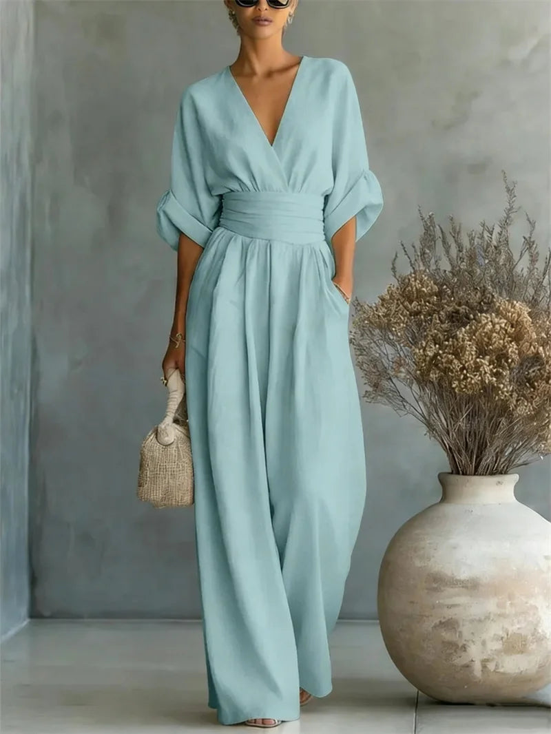2026 Spring Summer Women Elegant V-neck Jumpsuit Casual Short Sleeve Ruched High Waist Wide Leg Pants Loose Office Lady Romper