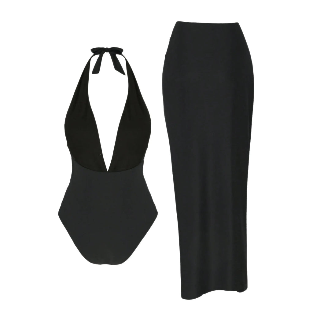 One Piece Bathing Suits with High Split Skirt Cover-Ups Bikini Long Skirts Summer Elegant Women Sexy Black Halter Bikini Sets
