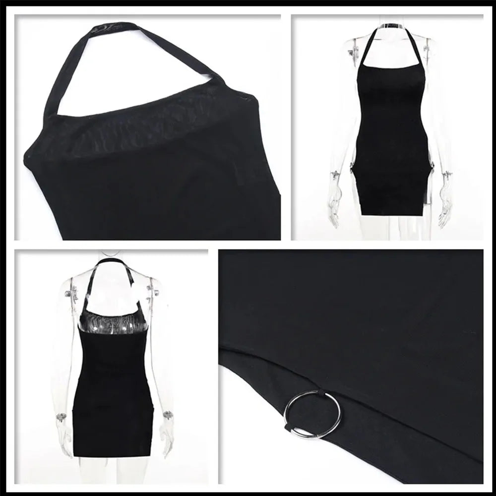 Halter neck circle open fork sexy dress summer vacation wind spice girl short skirt female show thin vacation