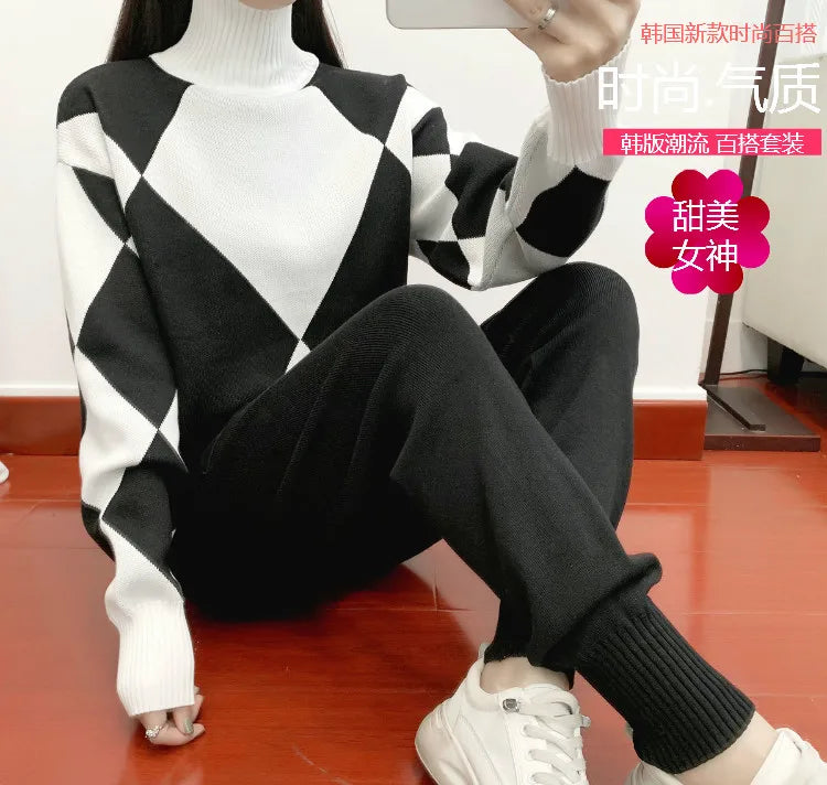 Women's Fashion Knitted Checkered Turtleneck Sweater 2 Piece Autum Winter Casual Lace Up Pocket Knitted Pants Sports Female Suit