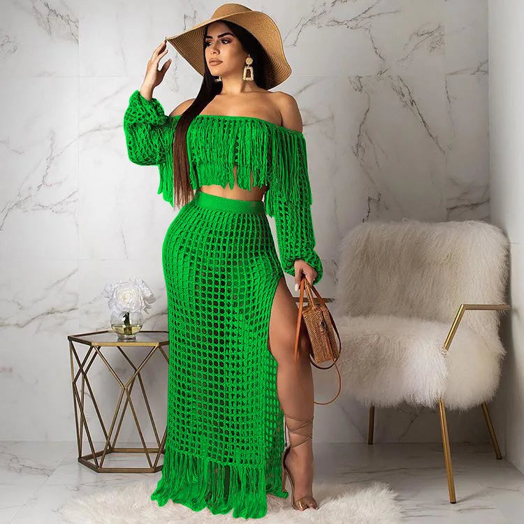 Skirt 2 Piece Set Women Beach Long Skirts Suit Top Off Shoulder Tassels Sexy Hollow Out Ensemble 2026 Summer Female Outfits