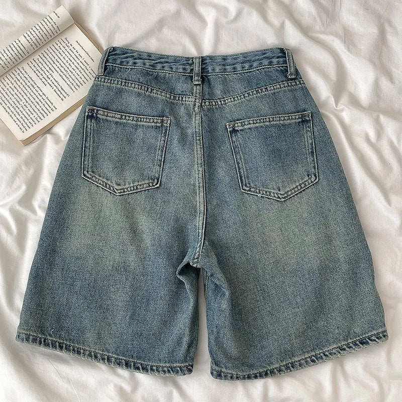 2026 Women Denim Shorts High Waist Vintage Washed Straight Wide Leg Denim Jeans Zipper Closure Knee Length Jeans Short Pants