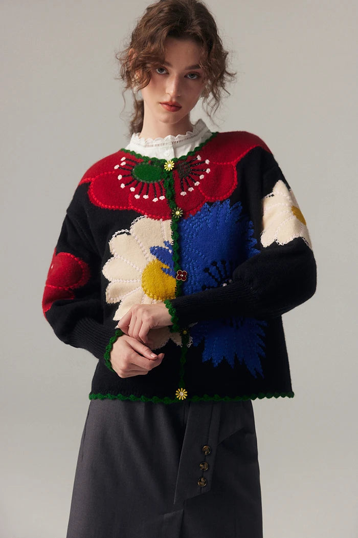 Vintage Flower Embroidery Knitted Top High Quality Women Fashion Cardigan Fashion Trends Autumn/Winter New in Chic Sweater Coat