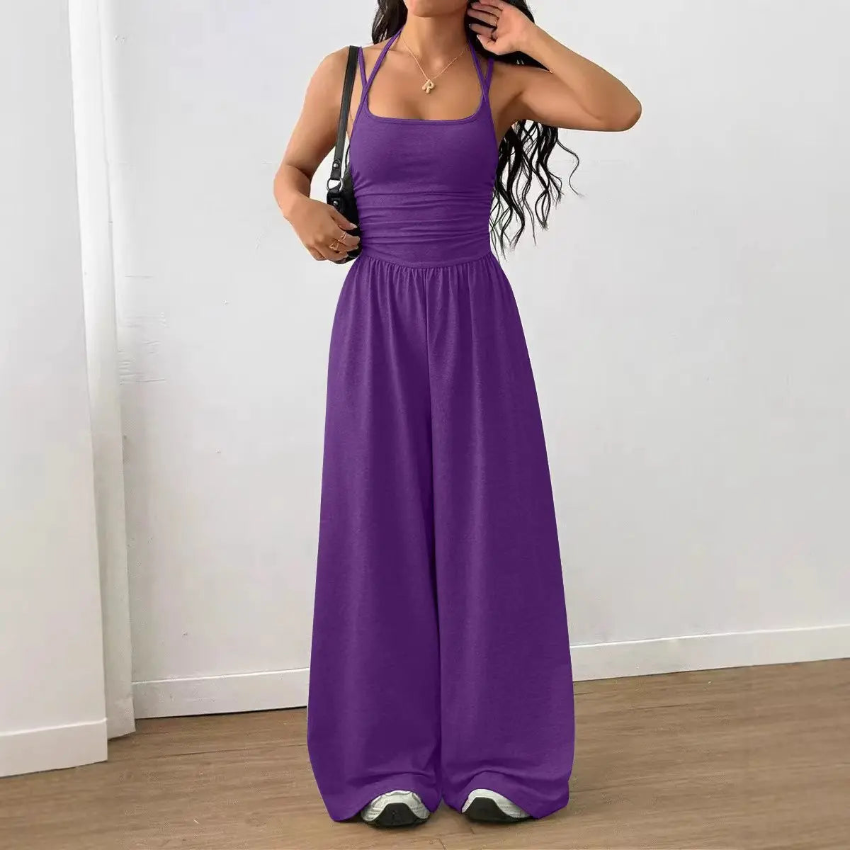 Women Halter Spaghetti Strap Jumpsuits Summer Casual Elastic High Waist Backless Wide Leg Long Pants Romper Club Party Overalls