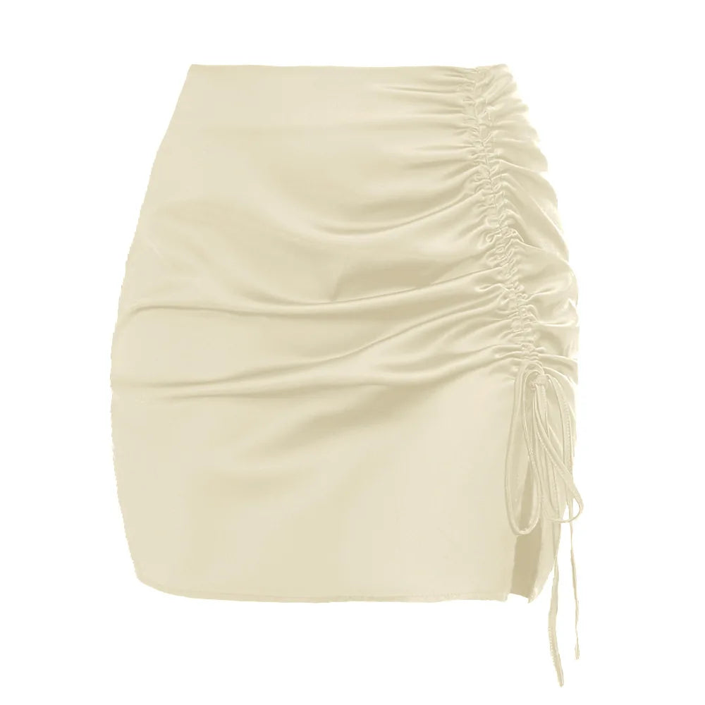 Elegant Stylish Solid Color Ruffle Bodycon Skirt Sexy High Waist Zip Satin Midi Skirt Women Sexy Bodycon Mini Short Skirt