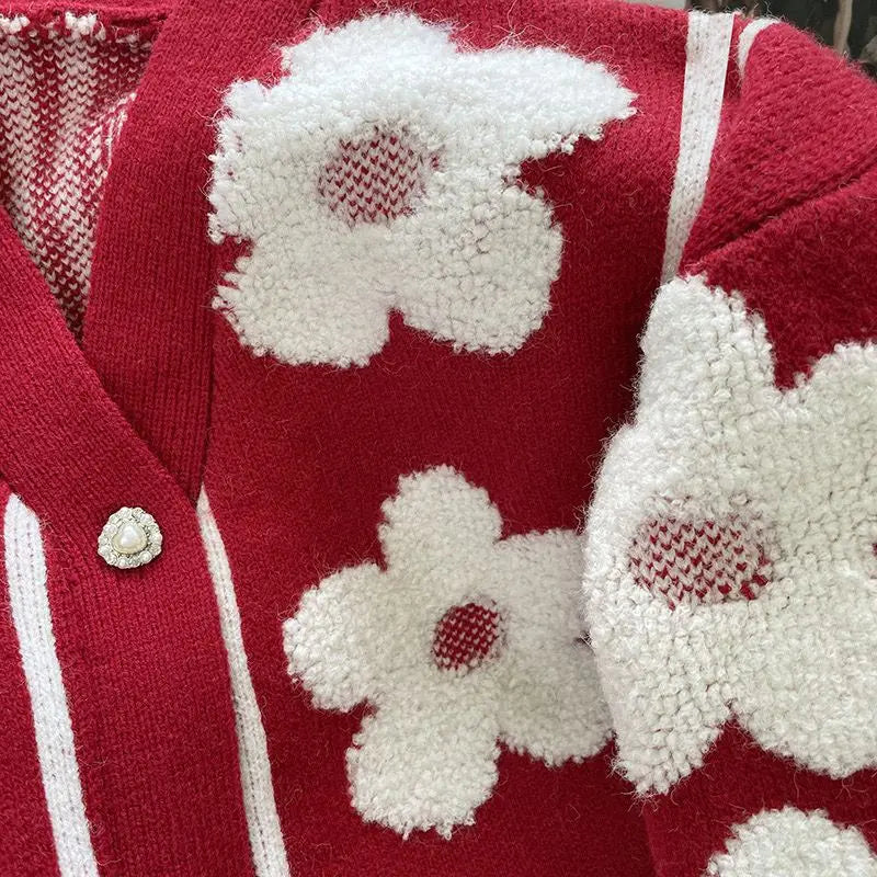 Flocked flower New  red knitted cardigan women's design  new high-end chic v-neck sweater coat  sweater mujer