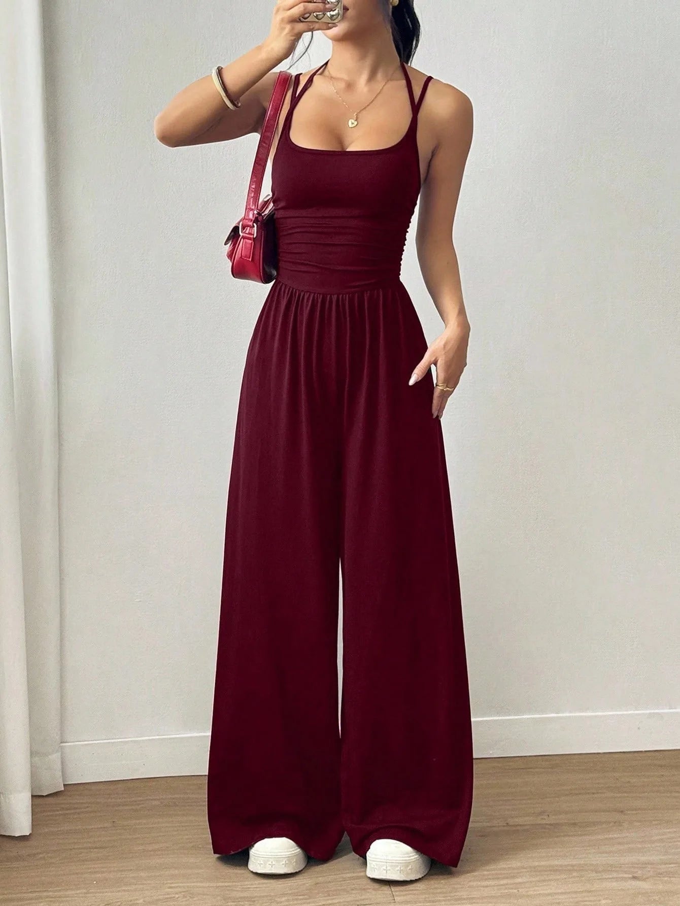Women Halter Spaghetti Strap Jumpsuits Summer Casual Elastic High Waist Backless Wide Leg Long Pants Romper Club Party Overalls