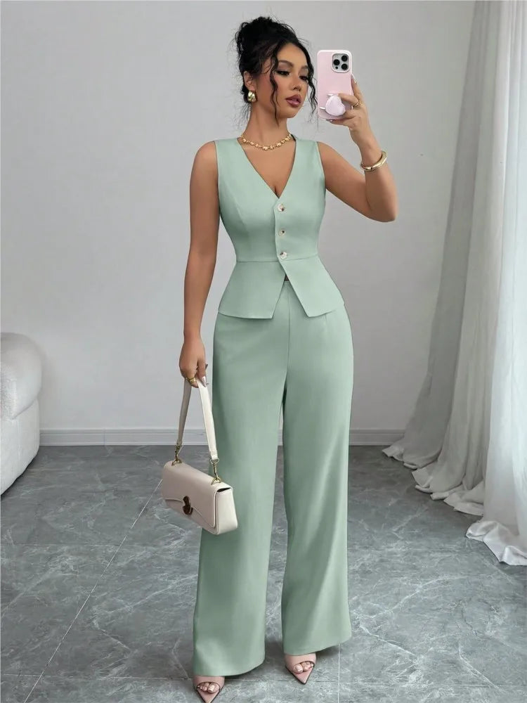 Summer New Solid Color Two Piece Sets Women V-neck Sleeveless Slim Single-breasted Vest Top + Wide-leg Trousers 2-piece Set