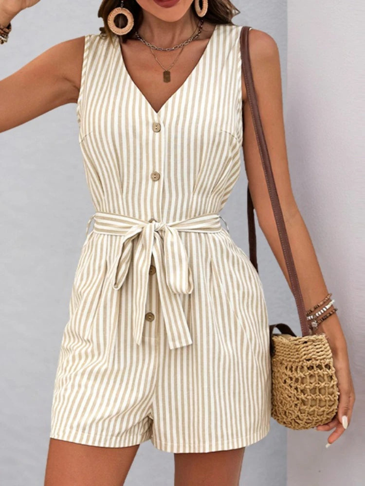 New Summer Women Playsuit Stripe Print V Neck Sleeveless Loose Shorts Jumpsuit Romper with Belt and Pockets Streetwear Clothing