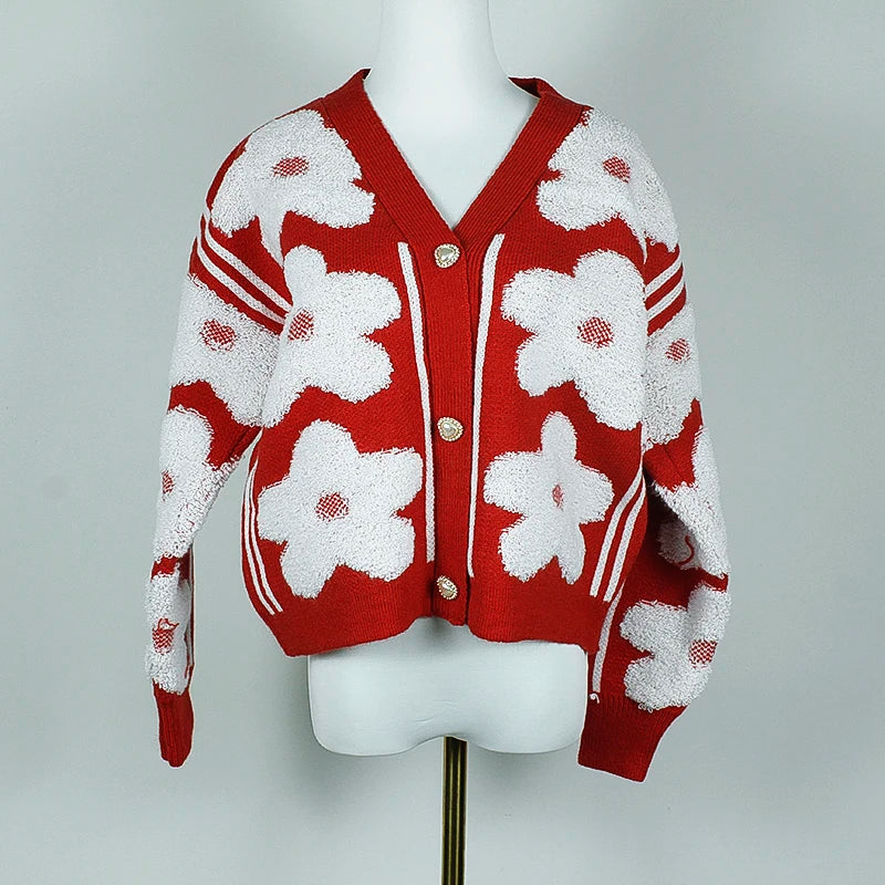 Flocked flower New  red knitted cardigan women's design  new high-end chic v-neck sweater coat  sweater mujer