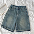 2026 Women Denim Shorts High Waist Vintage Washed Straight Wide Leg Denim Jeans Zipper Closure Knee Length Jeans Short Pants