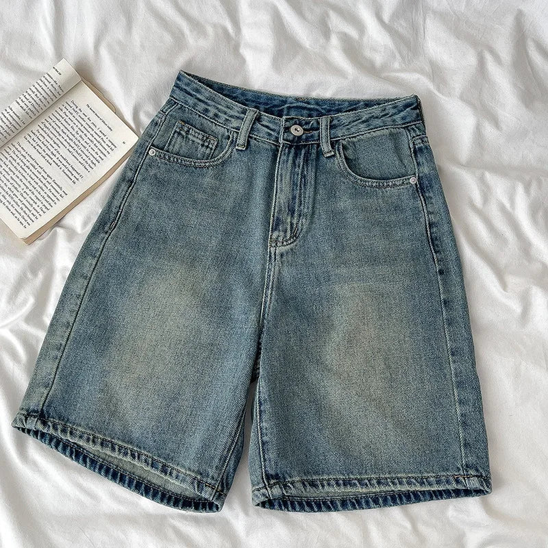 2026 Women Denim Shorts High Waist Vintage Washed Straight Wide Leg Denim Jeans Zipper Closure Knee Length Jeans Short Pants