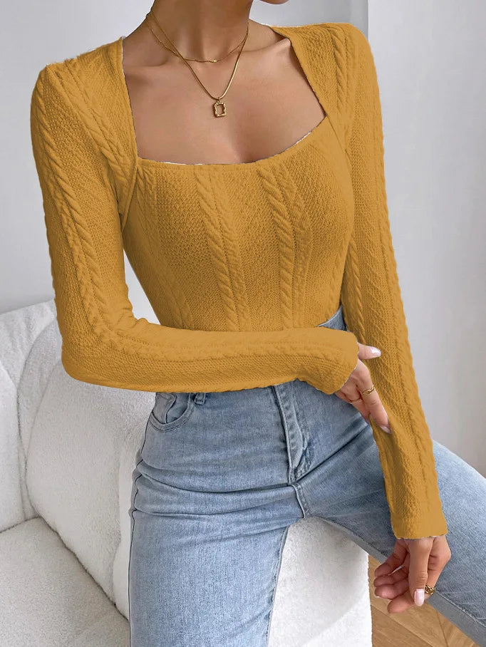 Women's Long Sleeve Knit Bodysuit Fashionable Solid Color Square Neck Slim Fit Jumpsuit Shirts