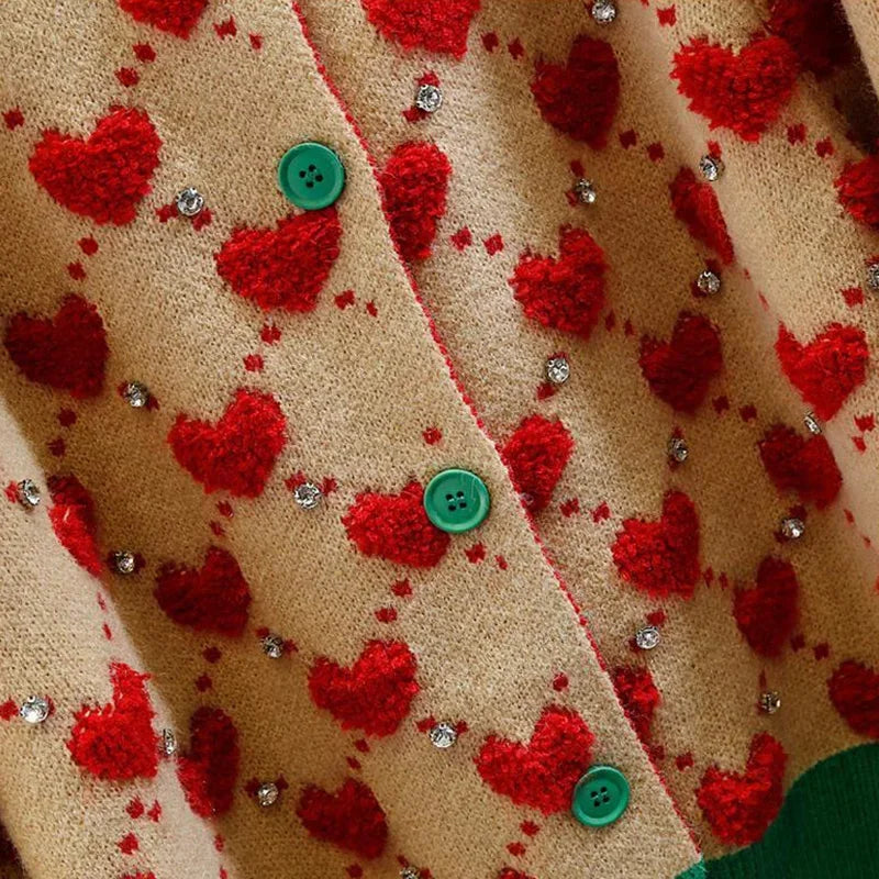 Heart Plaid Viscose Wool Thick O-Neck Vintage Knitted Women's Cardigans Sweater Fashion Single Breasted Short Cardigan For Women