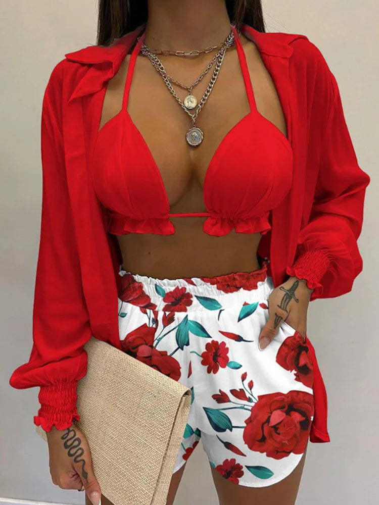 2026 New Bathing Suit Shorts Cover Up Summer Three Pieces Swimwear Sexy Beachwear High Waist Bikini Set Print Women's Swimsuit