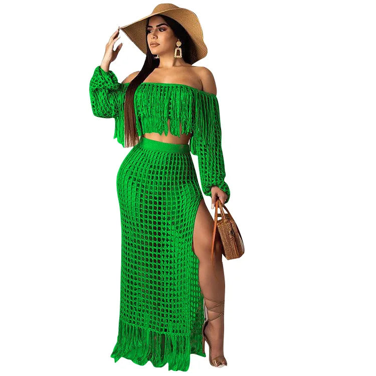 Skirt 2 Piece Set Women Beach Long Skirts Suit Top Off Shoulder Tassels Sexy Hollow Out Ensemble 2026 Summer Female Outfits