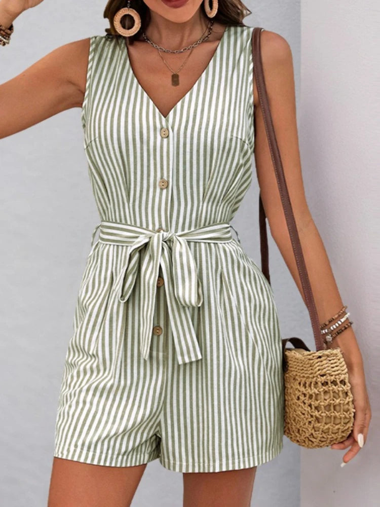 New Summer Women Playsuit Stripe Print V Neck Sleeveless Loose Shorts Jumpsuit Romper with Belt and Pockets Streetwear Clothing