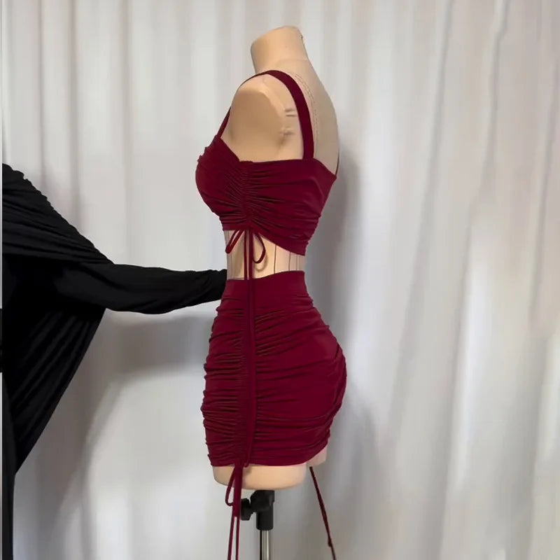 Women Two Piece Sets Skirt Set Sling Tops Sleeveless Short Skirts Hip Wrap Y2k Streetwear Drawstring Party Night Beach Sexy 2026