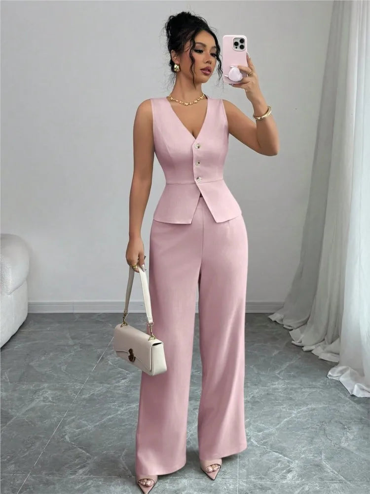 Summer New Solid Color Two Piece Sets Women V-neck Sleeveless Slim Single-breasted Vest Top + Wide-leg Trousers 2-piece Set