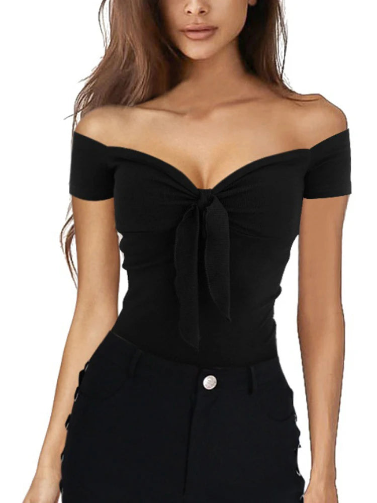 Summer Solid Color Basic Casual Short Sleeve V-neck Off Shoulder Top Sexy Beach Party Slim Fit T-shirts Sweet Style Women's Wear