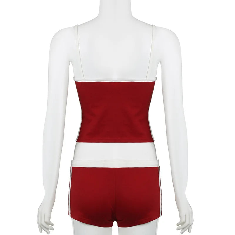 Y2K Women Summer Outfits Set Embroidery Letters Contrast Color Sexy Slim Backless Camisole Tops+Drawstring Elastic Waist Shorts