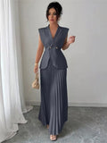 Elegant Women Solid Skirt Two Piece Sets Summer Fashion V-neck Vest Top + Pleated Skirts Temperament Simple Office Lady 2pcs Set