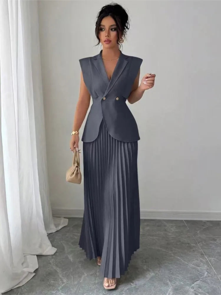 Elegant Women Solid Skirt Two Piece Sets Summer Fashion V-neck Vest Top + Pleated Skirts Temperament Simple Office Lady 2pcs Set