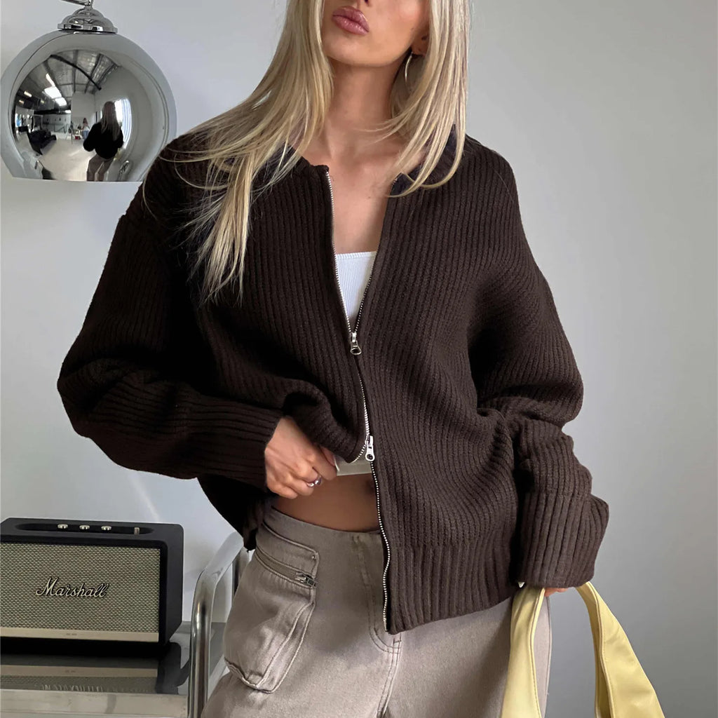 Women's Zip Up Knit Sweater Casual Long Sleeve Mock Neck Open Front Cardigan Winter Fall Outwear Coat Fashion Streetwear