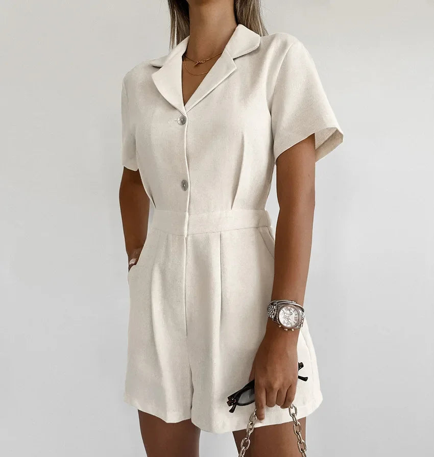 Khaki Linen Waist-cinching Wide-leg Jumpsuit for Women, Short-sleeved Commuting Jumpsuit, Autumn Women's Clothing