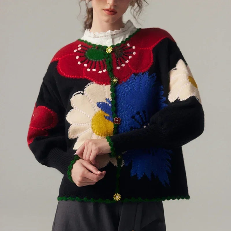 Vintage Flower Embroidery Knitted Top High Quality Women Fashion Cardigan Fashion Trends Autumn/Winter New in Chic Sweater Coat