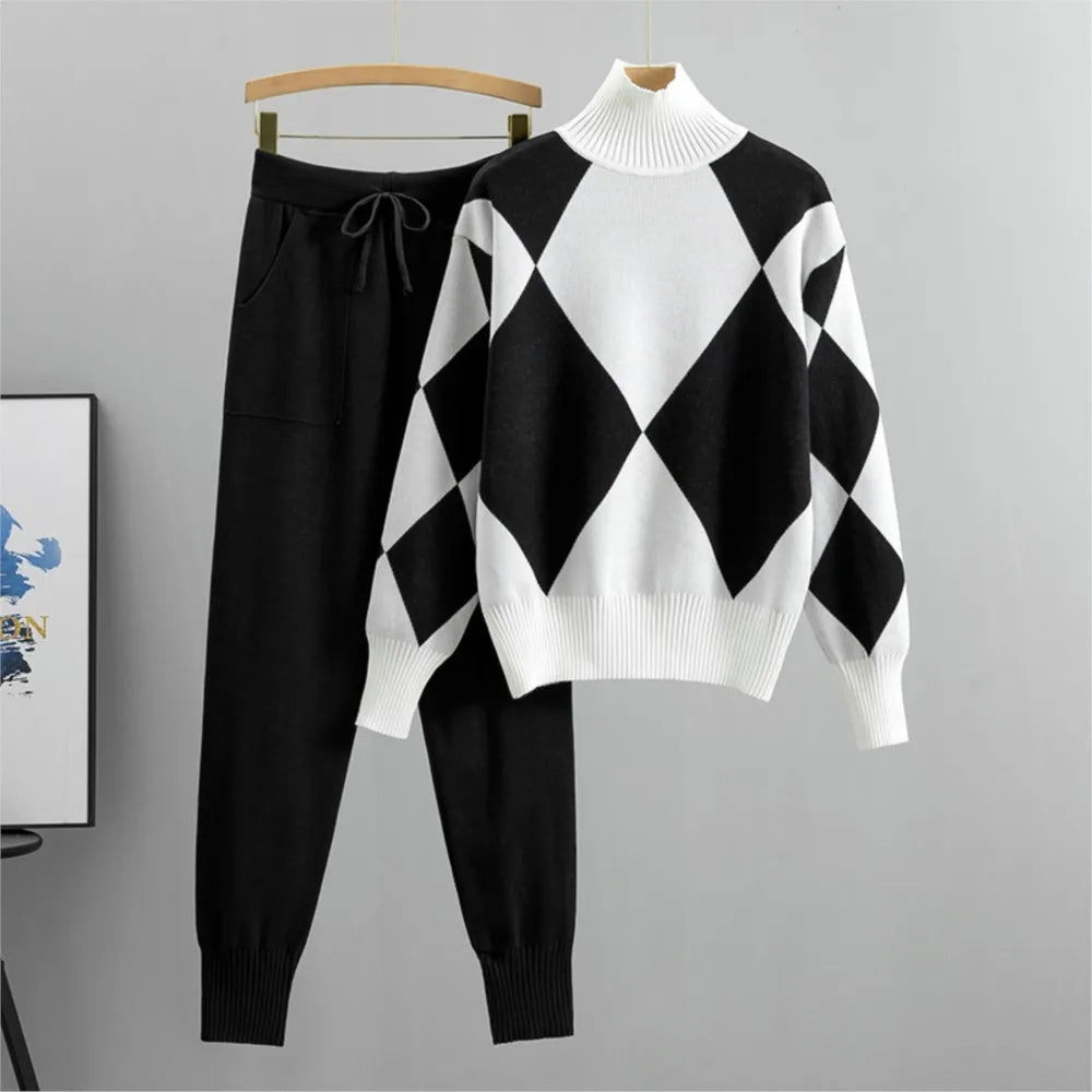 Women's Fashion Knitted Checkered Turtleneck Sweater 2 Piece Autum Winter Casual Lace Up Pocket Knitted Pants Sports Female Suit