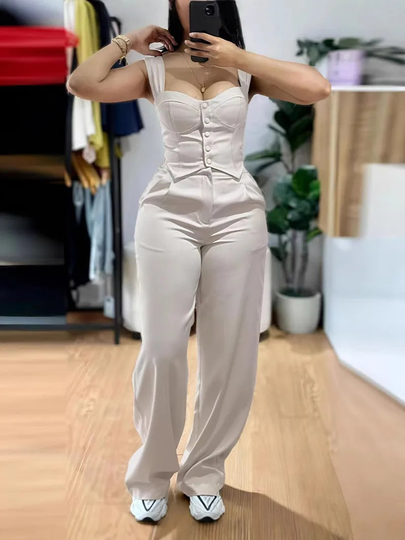 2026 American European New Fashion Women's Elegant Solid Color Trendy 2 Piece Sets Strapeless Suspender Vest Trousers Female