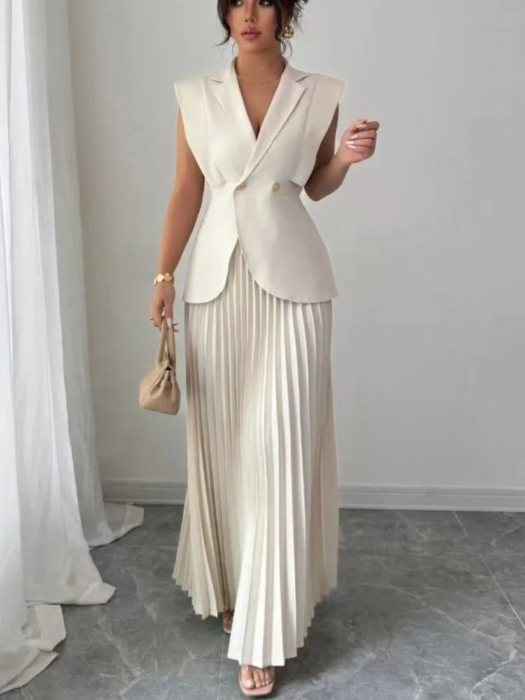 Elegant Women Solid Skirt Two Piece Sets Summer Fashion V-neck Vest Top + Pleated Skirts Temperament Simple Office Lady 2pcs Set