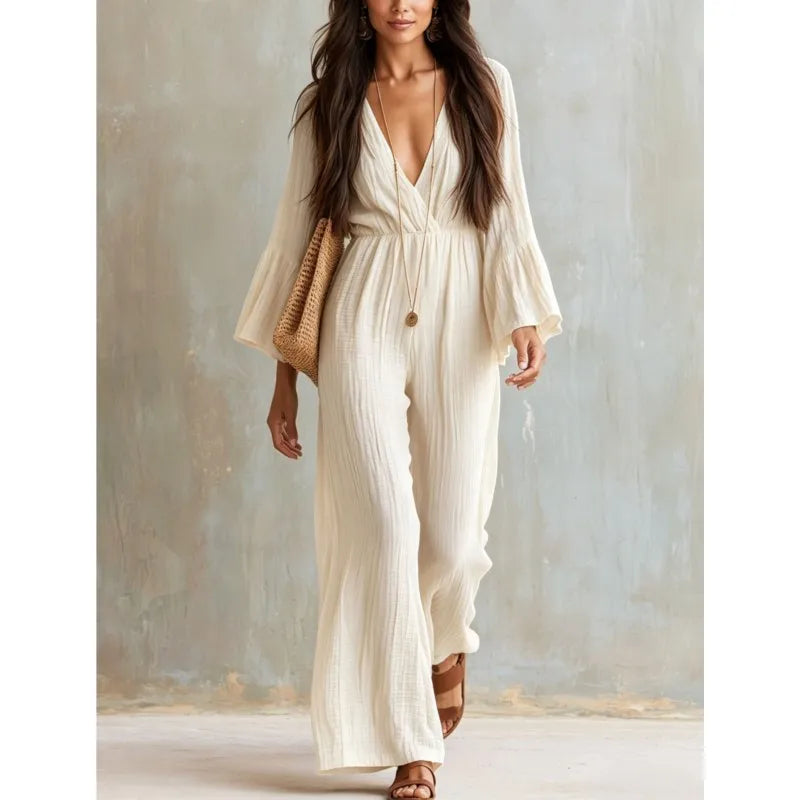 Elegant Solid Color Women's High Waisted Jumpsuit Bohemian Spring Autumn Fashion V-neck Wide Leg Jumpsuits Lady Office Clothing