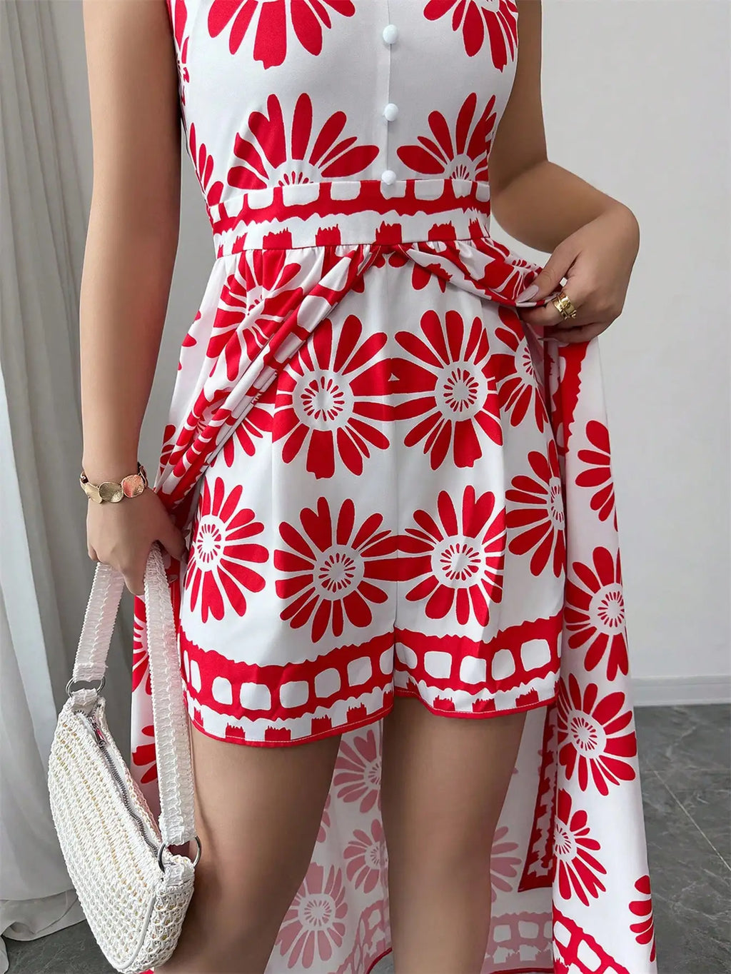 Women's Spring and Summer Beach Vacation Style Casual and Elegant Contrasting Color All-Over Retro Print Sleeveless Jumpsuit