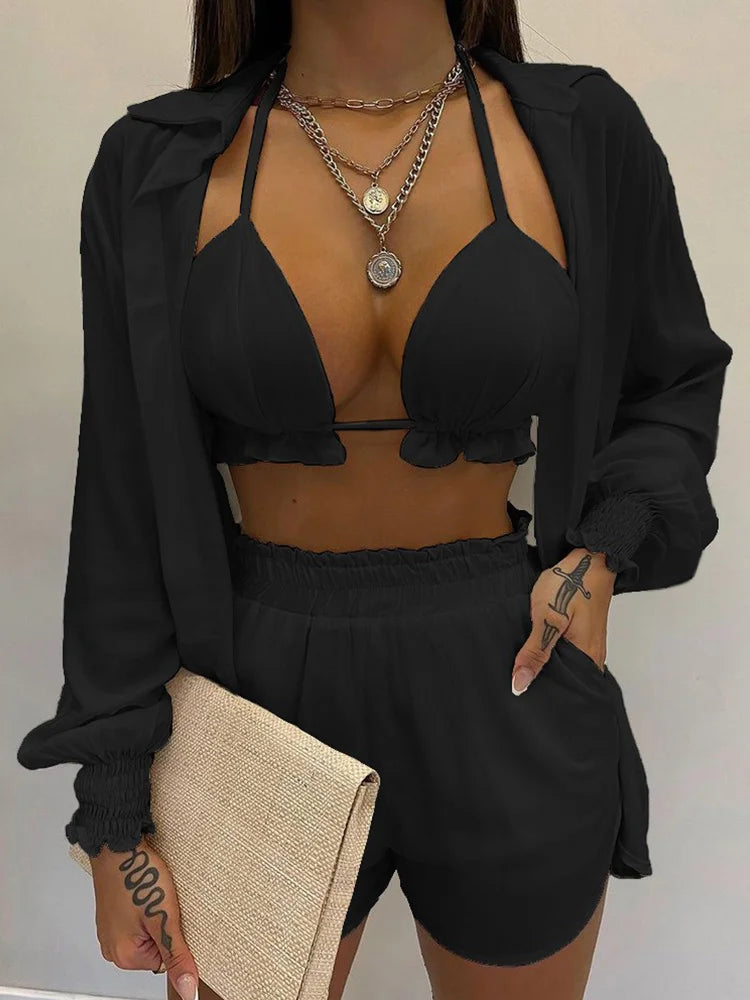 2026 New Bathing Suit Shorts Cover Up Summer Three Pieces Swimwear Sexy Beachwear High Waist Bikini Set Print Women's Swimsuit