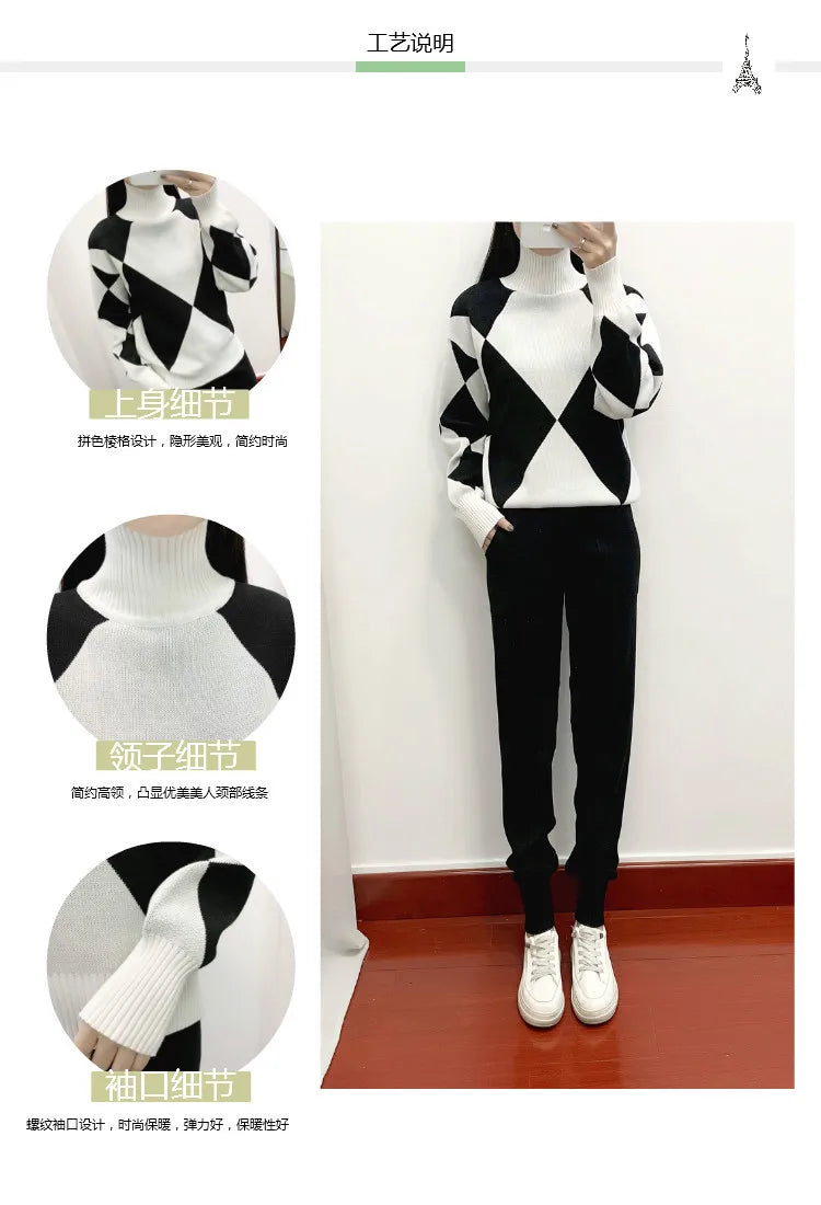 Women's Fashion Knitted Checkered Turtleneck Sweater 2 Piece Autum Winter Casual Lace Up Pocket Knitted Pants Sports Female Suit