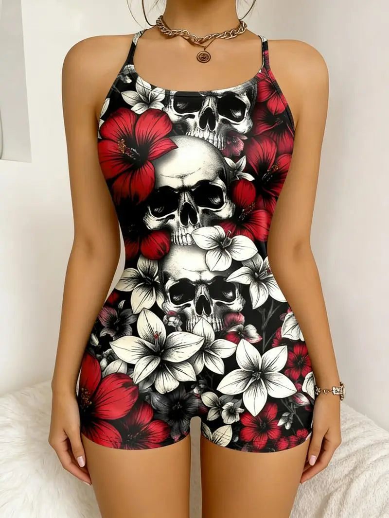 Retro Floral Skull Slimming Jumpsuit Street Style Elastic Fit Tight Suspender Design Contrasting Colors