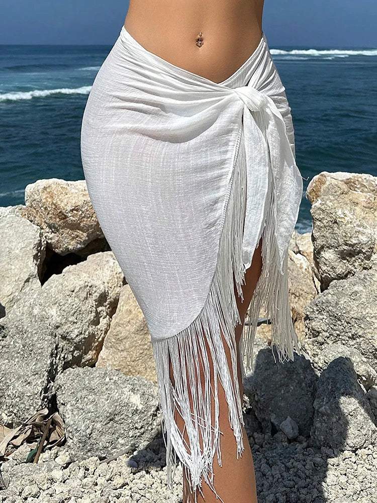 Women's Irregular Sarong Skirt Beachwear Cover Ups Tassels Design High Waist Smock Sunscreen Cover Ups Skirt Beach Wrap Bikini