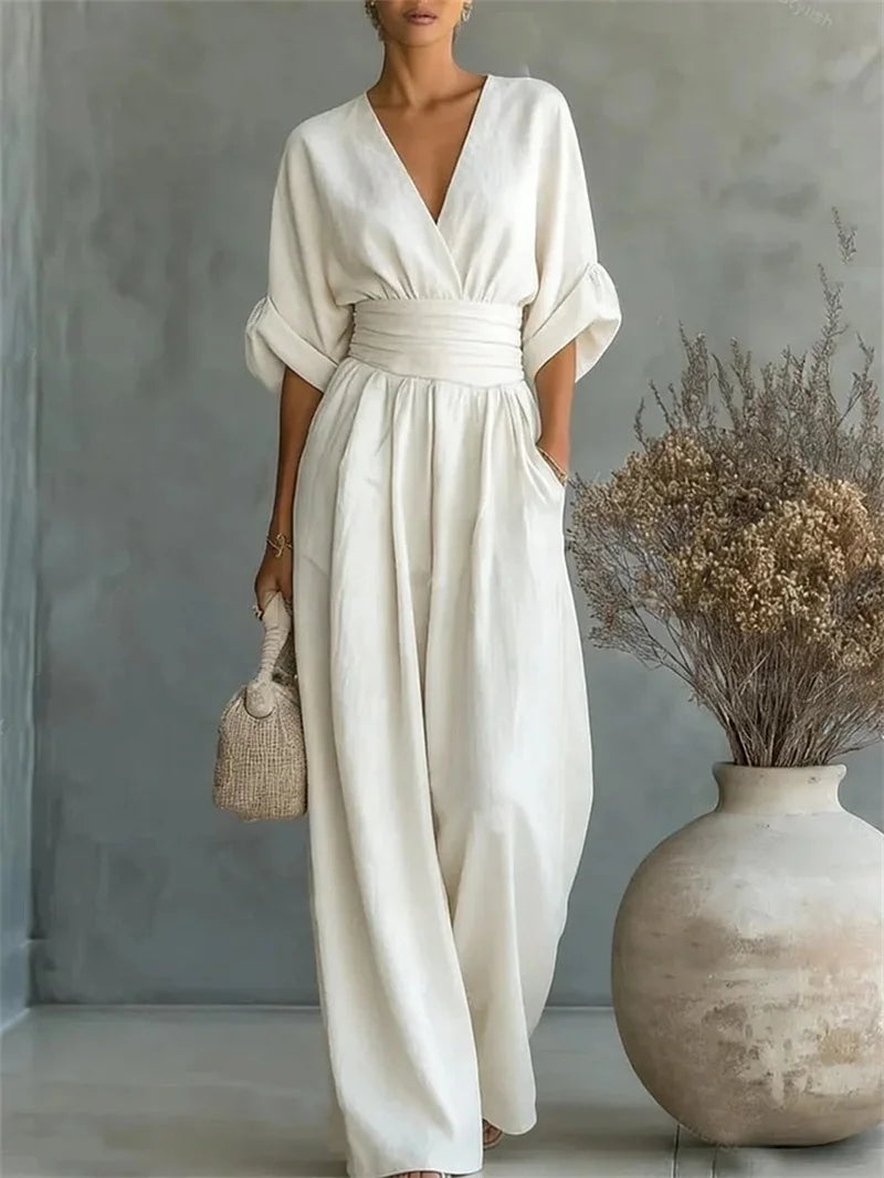 2026 Spring Summer Women Elegant V-neck Jumpsuit Casual Short Sleeve Ruched High Waist Wide Leg Pants Loose Office Lady Romper