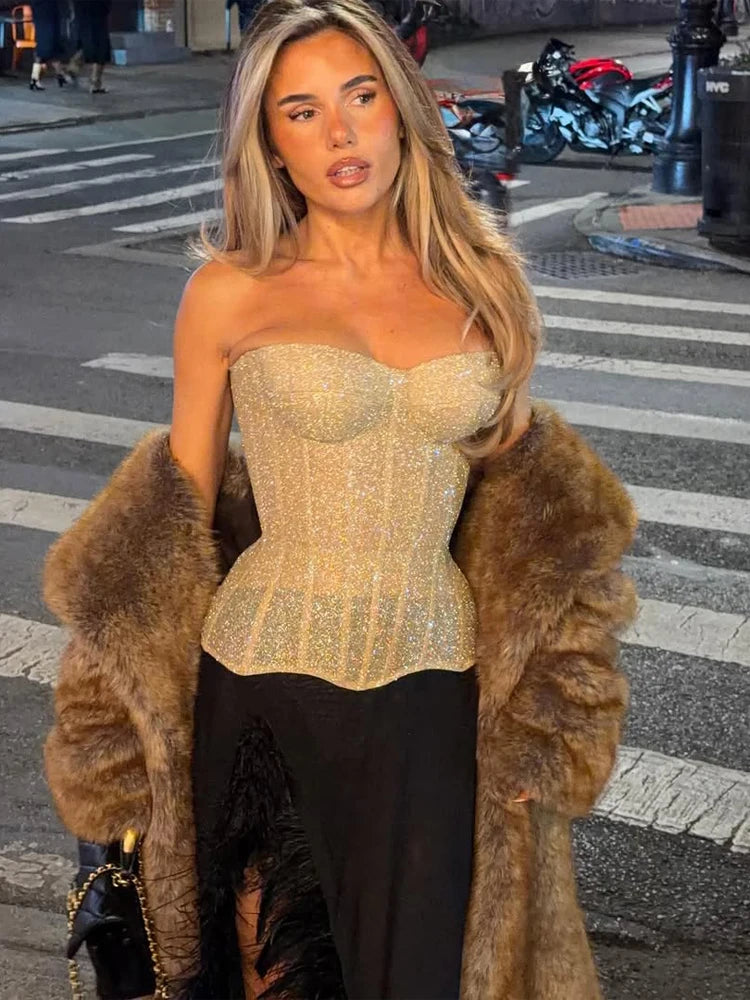 Women Glitter Sequin Fishbone Strapless Top Sexy Off-shoulder Backless Waist Cinching Cropped Blouse 2026 Lady Club Party Tops