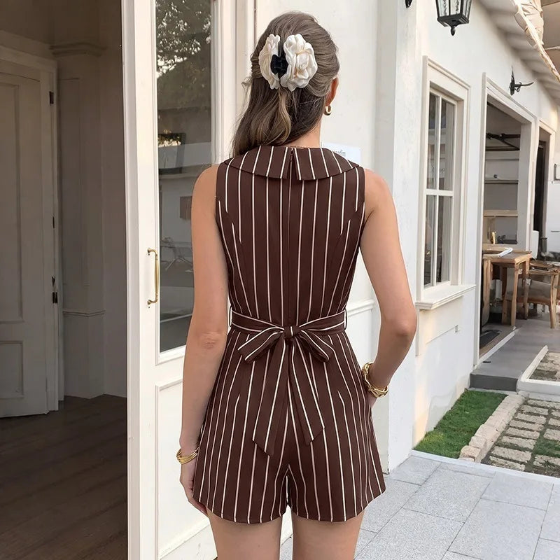 2026 Summer Women Striped Sleeveless V Neck Jumpsuits Elegant Mature Style Casual Short Jumpsuit Ladies One Piece Shorts Outfit