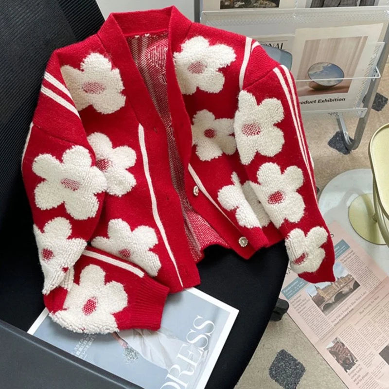 Flocked flower New  red knitted cardigan women's design  new high-end chic v-neck sweater coat  sweater mujer