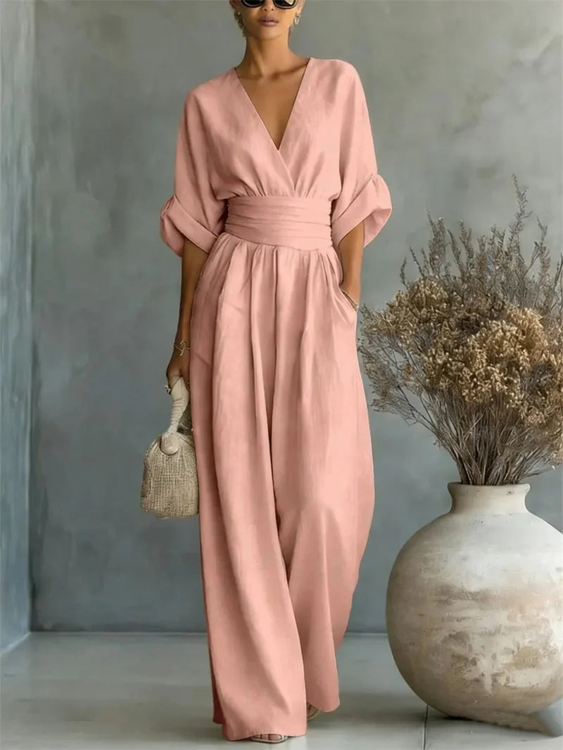 2026 Spring Summer Women Elegant V-neck Jumpsuit Casual Short Sleeve Ruched High Waist Wide Leg Pants Loose Office Lady Romper