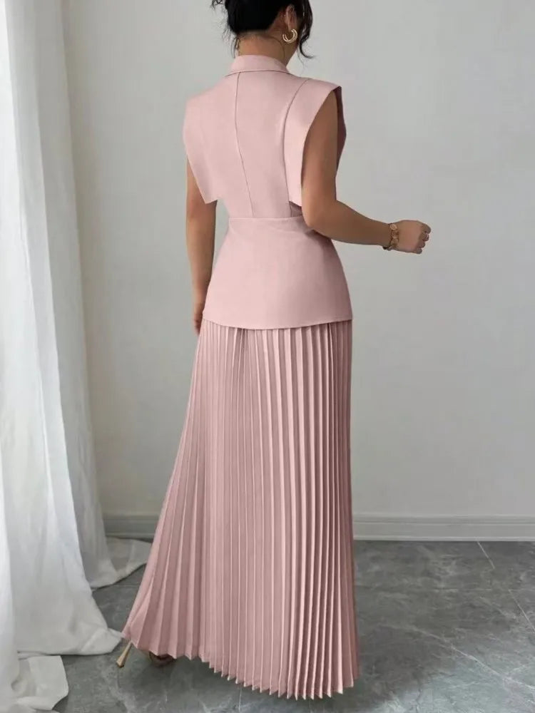 Elegant Women Solid Skirt Two Piece Sets Summer Fashion V-neck Vest Top + Pleated Skirts Temperament Simple Office Lady 2pcs Set
