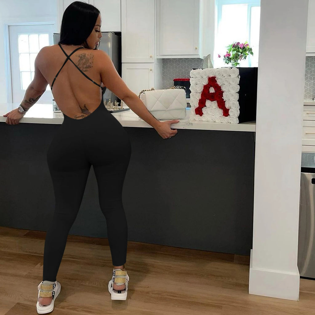 Women's solid color ribbed camisole back jumpsuit casual yoga jumpsuit