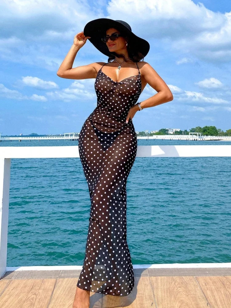 One Piece Swimsuit 2026 New Black Dot Sling Sexy Mesh Semi Transparent Casual Long Skirt Bodysuit Swimwear Summer Beach Female