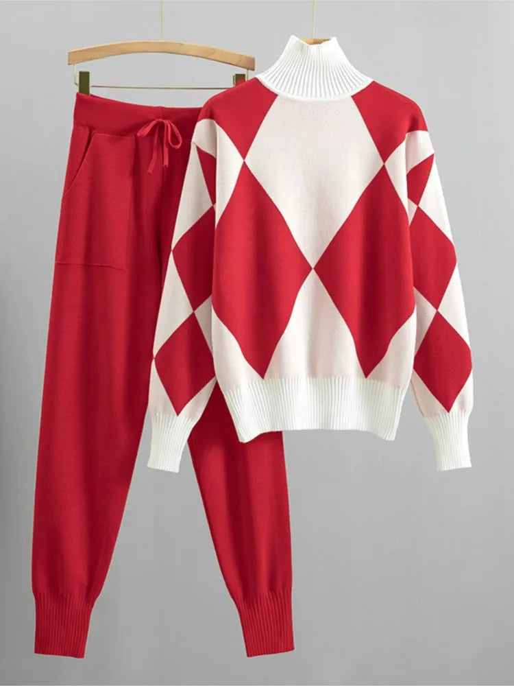 Women's Fashion Knitted Checkered Turtleneck Sweater 2 Piece Autum Winter Casual Lace Up Pocket Knitted Pants Sports Female Suit